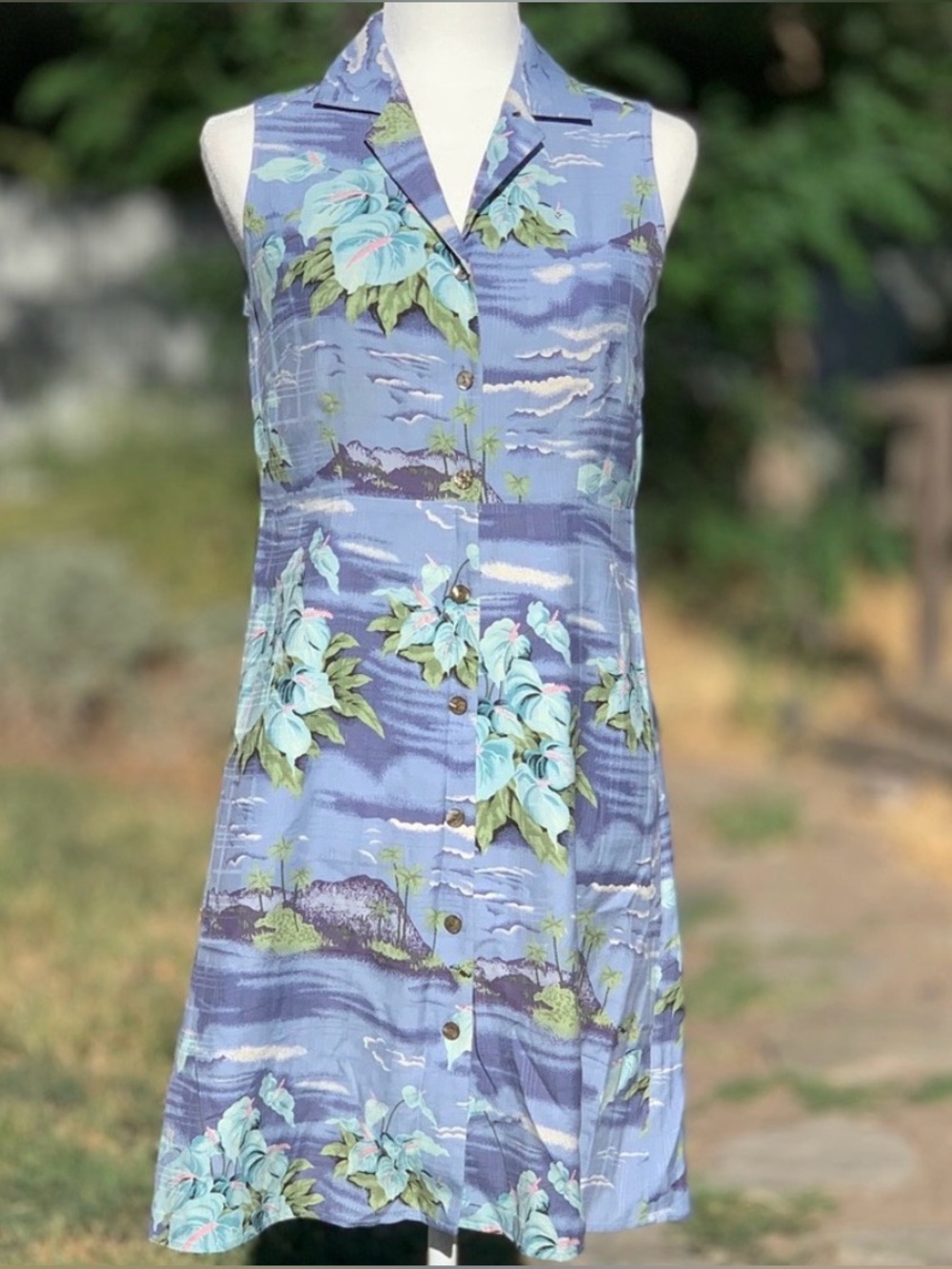 Tommy Bahama Silk Blue Tropical Floral A-Line Button-Front Sleeveless Dress, 6
